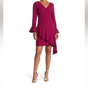 FOCUS BY SHANI V-NECK DRESS WITH ASYMMETRIC FLOUNCE HEM, SIZE 8